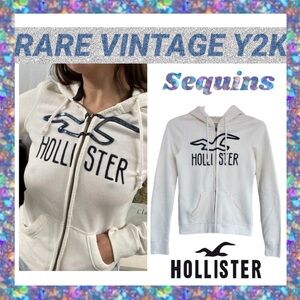Hollister Hoodie Vintage Y2K Cream Off White Blue Sequins Bird Logo Size X Small